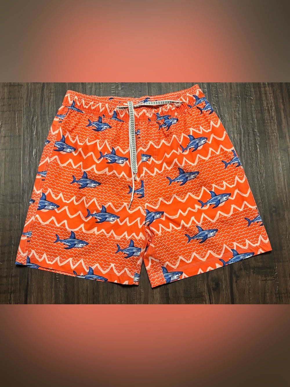 Wes and Willy Orange Shark Swim Trunks with Blue Shark Print boys XL